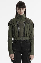 Green Stand Collar Long Sleeves Stitching Faux Leather Women's Gothic Military Jacket